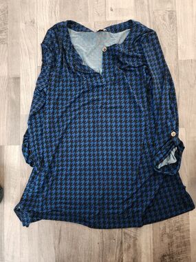 Anne Klein Blue and Black Houndstooth Roll-Sleeve Tunic